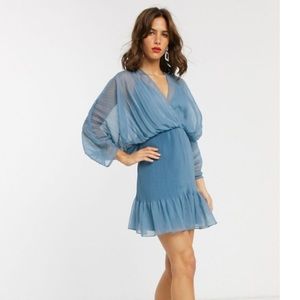 ASOS design pleated done sleeve dusty blue mini dress